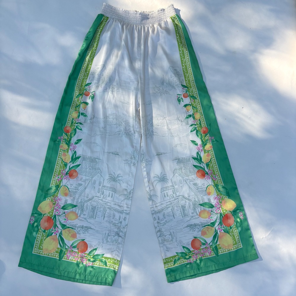 Current Air Los Angeles Citrus Tropical Print Wide Leg Smocked Pants Large